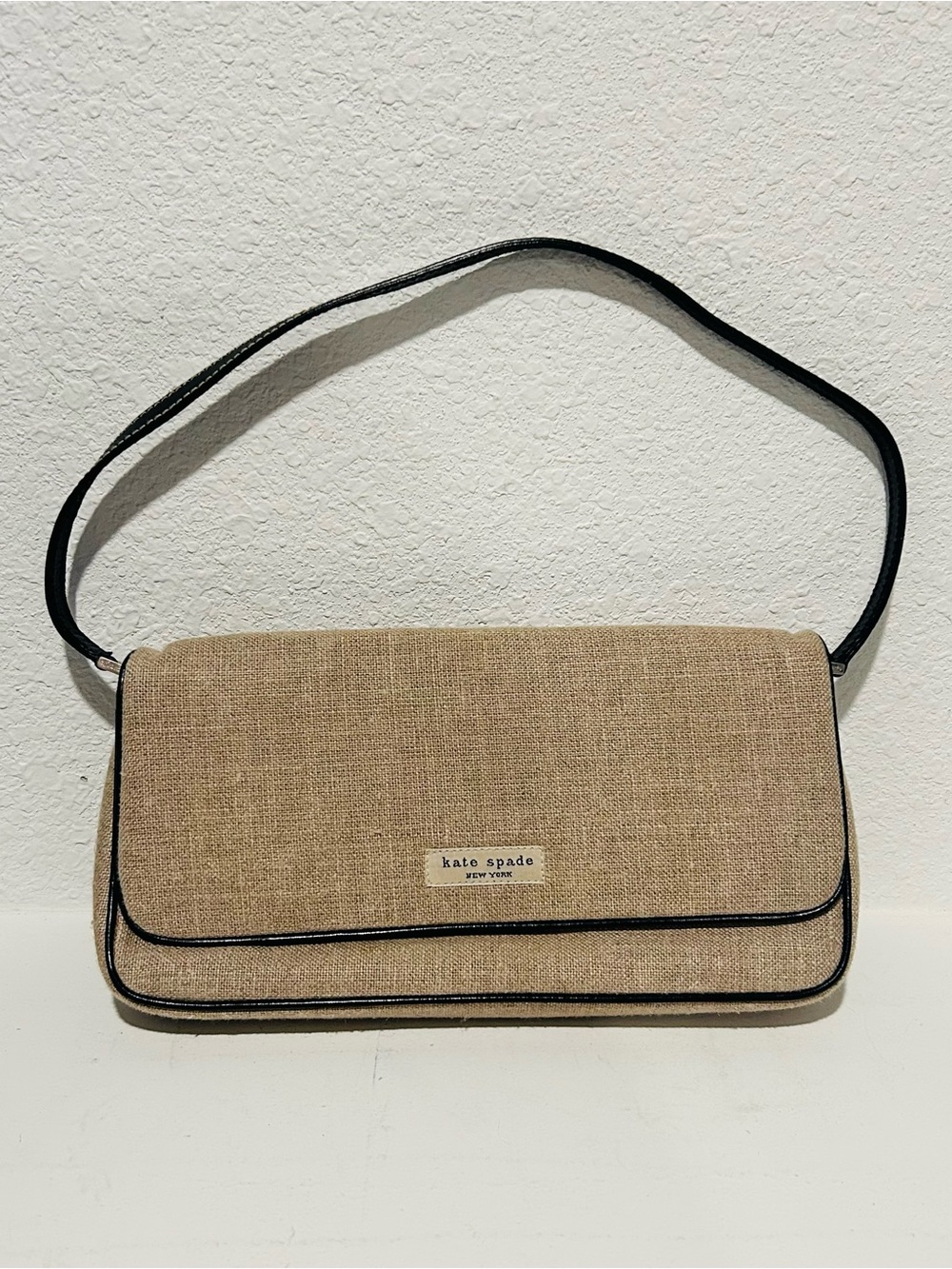 Kate Spade Beige Linen Shoulder Bag with Black Trim